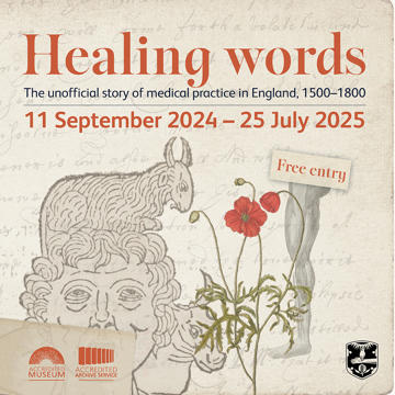 Healing Words Exhibition Graphic With Exhibtion Title And Images Of A Poppy Leg And Zodiac Man